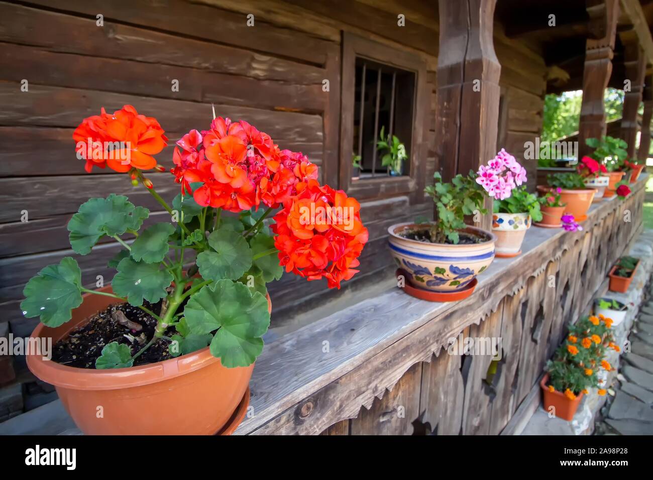 Bucharest, Romania - August 09, 2018: Flowers on the railing of the household from the village of Ieud, Maramures County, at the Dimitrie Gusti Nation Stock Photo