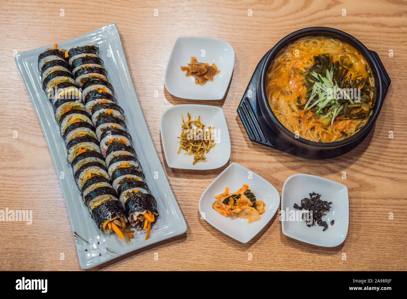 ramen noodles and gimbap meal national korean food Stock Photo