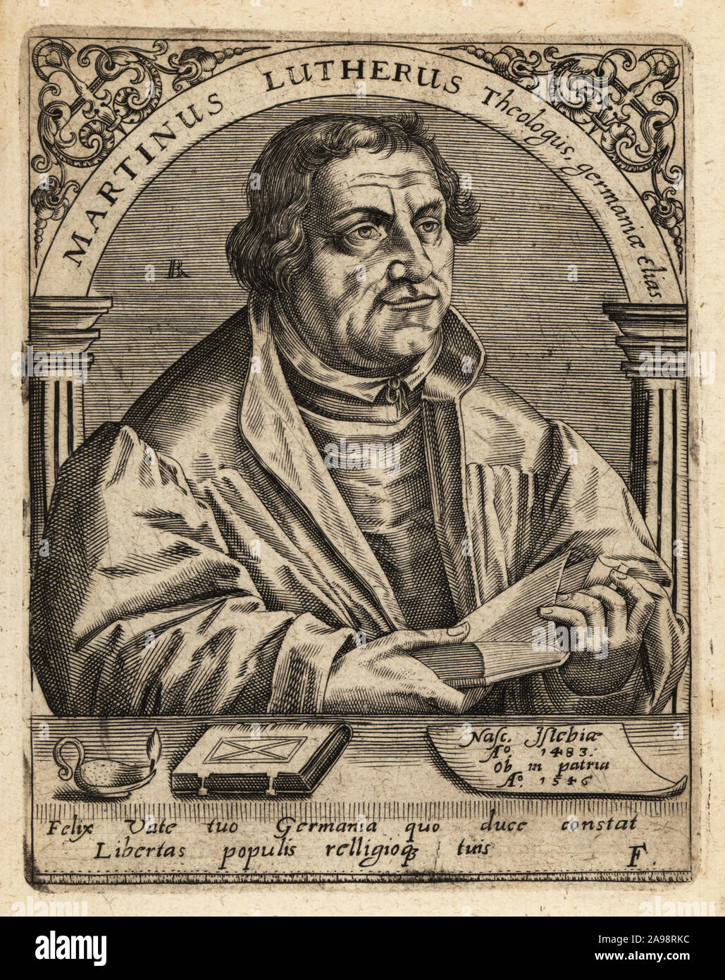 Martin Luther, 1483-1546, German professor of theology, composer, priest, monk, and a seminal figure in the Protestant Reformation. Martinus Lutherus Theologus germania elias. Copperplate engraving by Johann Theodore de Bry from Jean-Jacques Boissard’s Bibliotheca Chalcographica, Johann Ammonius, Frankfurt, 1650. Stock Photo