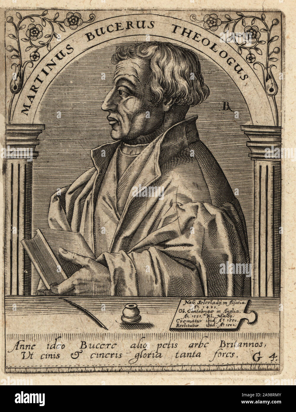 Martin Bucer or Martin Butzer, 1491-1551, German Protestant reformer. Martinus Bucerus Theologus. Copperplate engraving by Johann Theodore de Bry from Jean-Jacques Boissard’s Bibliotheca Chalcographica, Johann Ammonius, Frankfurt, 1650. Stock Photo