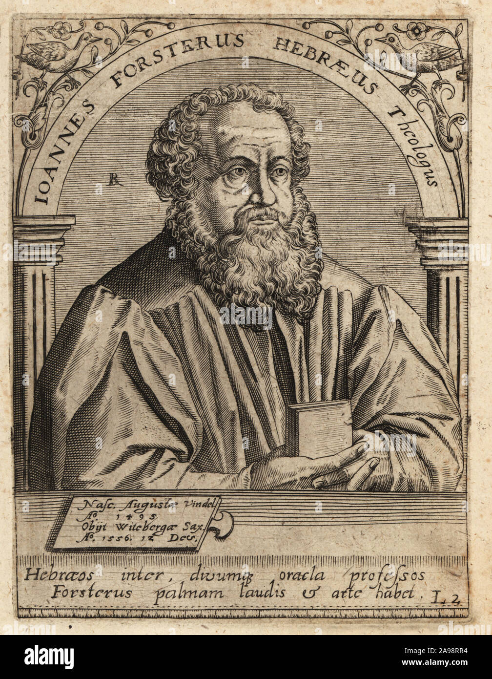 Johann Forster, 1496-1558, Lutheran theologian, Protestant reformer and professor of Hebrew. Ioannes Forsterus Hebraeus Theologus. Copperplate engraving by Johann Theodore de Bry from Jean-Jacques Boissard’s Bibliotheca Chalcographica, Johann Ammonius, Frankfurt, 1650. Stock Photo