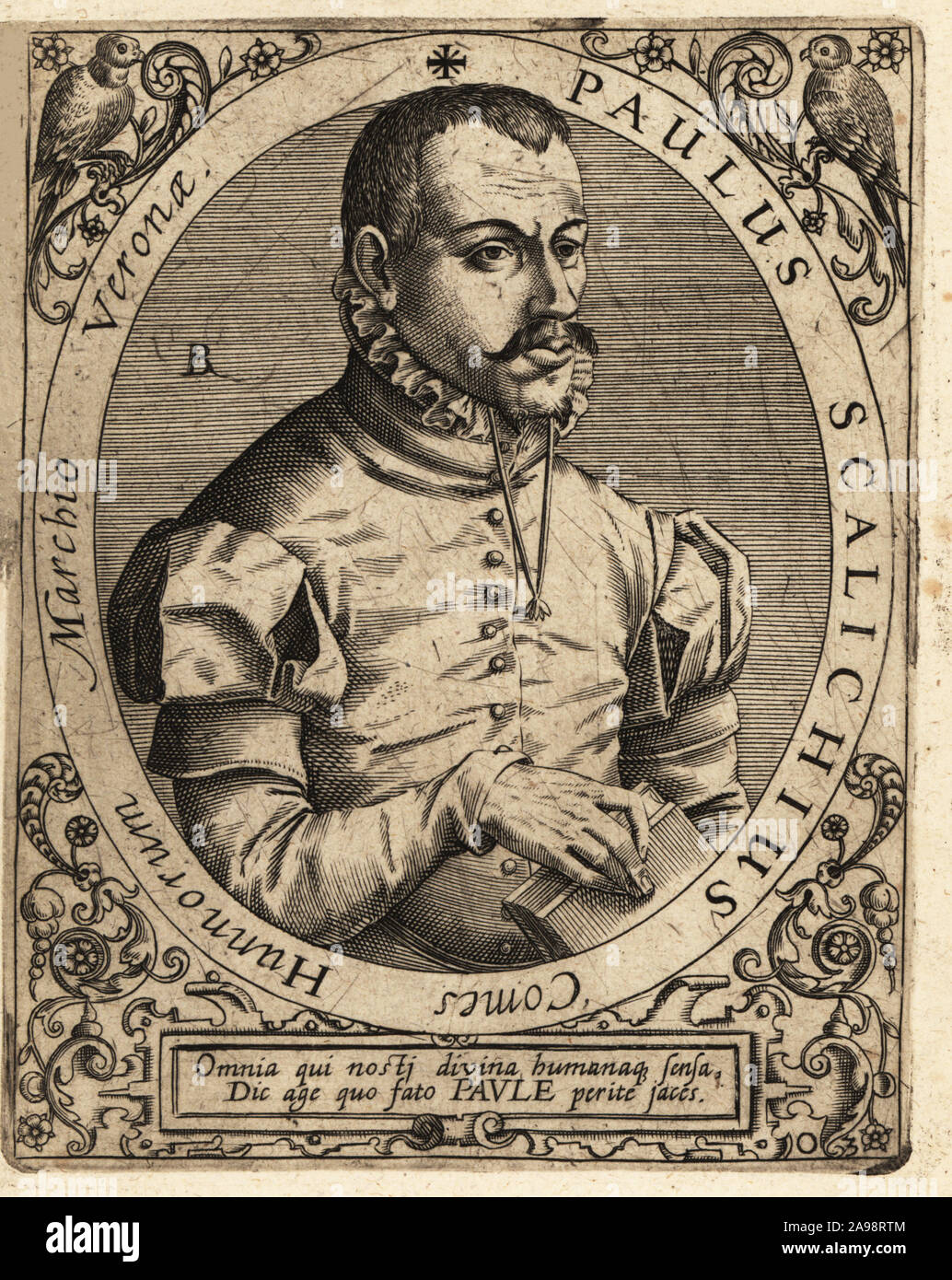 Paul Skalich, 1534–1573, Croatian encyclopedist, Renaissance humanist, and adventurer born in Zagreb. Paulus Scalichius Comes Hunnorum, Marchio Veronae. Copperplate engraving by Johann Theodore de Bry from Jean-Jacques Boissard’s Bibliotheca Chalcographica, Johann Ammonius, Frankfurt, 1650. Stock Photo