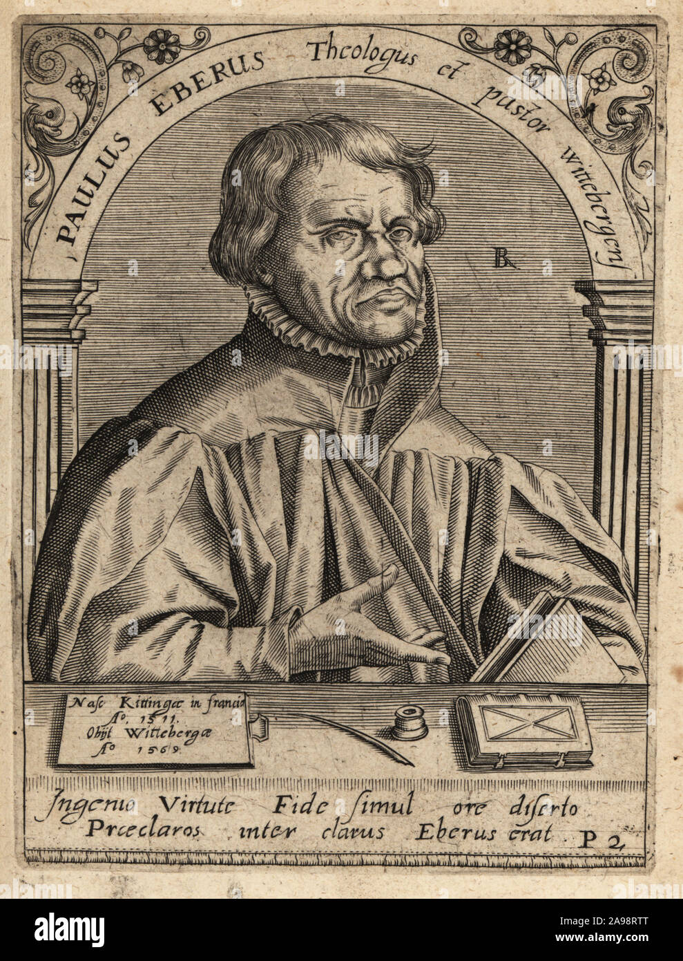 Paul Eber, 1511-1569, German Lutheran theologian, reformer and hymnwriter. Paulus Eberus Theologus et pastor wittebergensis. Copperplate engraving by Johann Theodore de Bry from Jean-Jacques Boissard’s Bibliotheca Chalcographica, Johann Ammonius, Frankfurt, 1650. Stock Photo