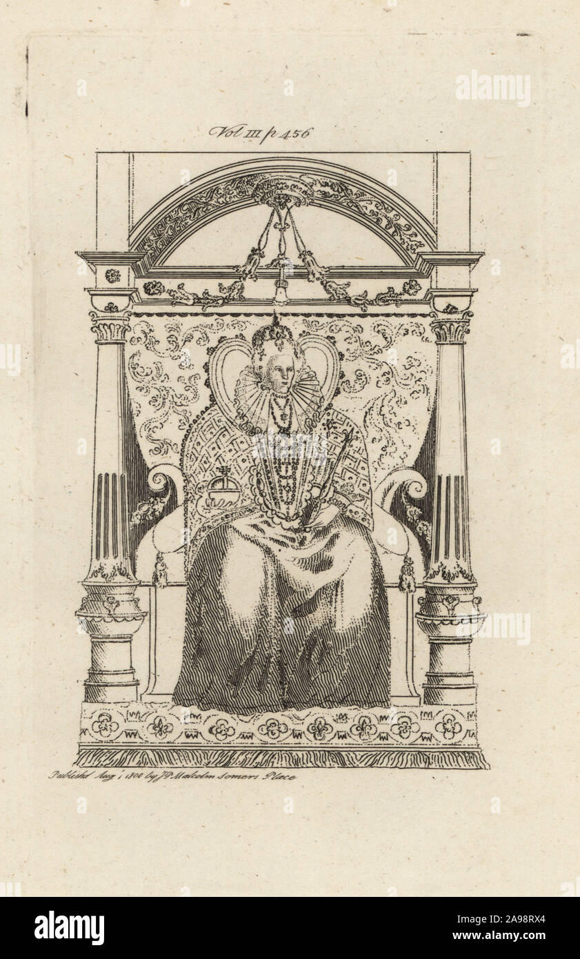 Queen Elizabeth I of England. Seated on a throne wearing a crown, high lace collar, and holding the orb and sceptre. From a painted glass portrait of the queen in the vestry-room window of the church of St. Dunstan’s in the West, Fleet Street, London. Stipple engraving from James Peller Malcolm’s Londinium Redivivum, Somers Place, London, 1803. Stock Photo