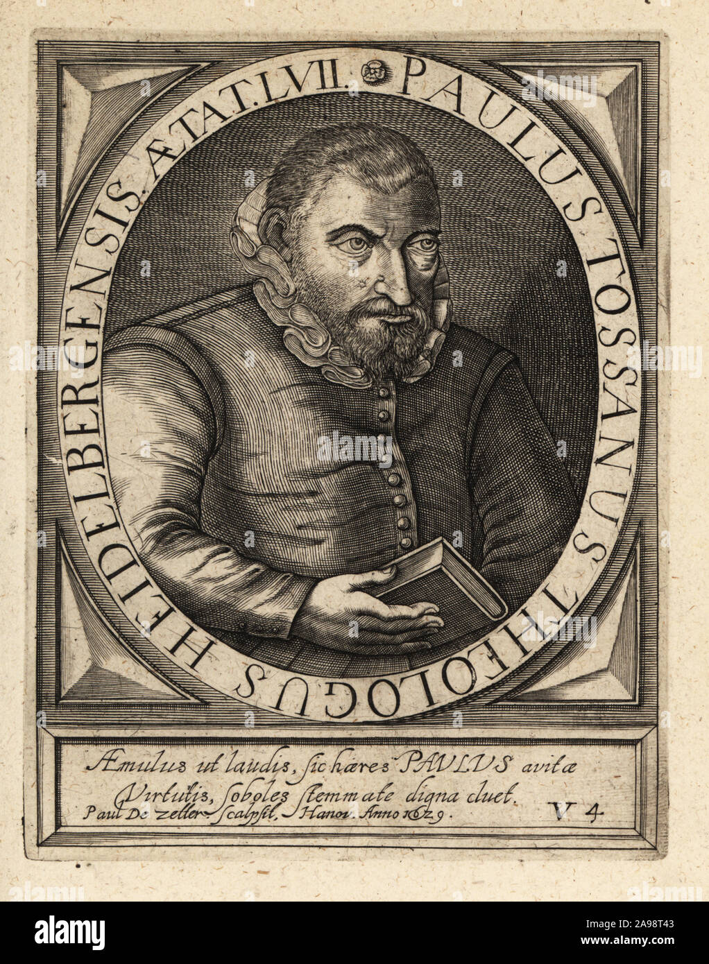 Paul Toussain, 1572-1634, Huguenot minister and theologian of Heidelberg, at age 57. Paulus Tossanus Theologus Heidelbergensis Aetat LVII. Copperplate engraving by Johann Theodore de Bry from Jean-Jacques Boissard’s Bibliotheca Chalcographica, Johann Ammonius, Frankfurt, 1650. Stock Photo