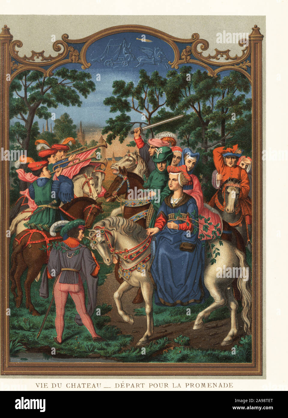 Castle life, 16th century. The chatelaine rides an ambling horse next to the lord dressed all in green. Trumpeters play a march. From the Breviary of Cardinal Domenico Grimani, 1510-1520, attributed to Hans Memling.  Vie du chateau. Depart pour la promenade. Chromolithograph from Paul Lacroix’s La Vie Militaire et Religieuse au Moyen Age et a l’Epoque de la Renaissance, Military and Religious Life in the Middle Ages and the Renaissance, Paris, 1873. Stock Photo