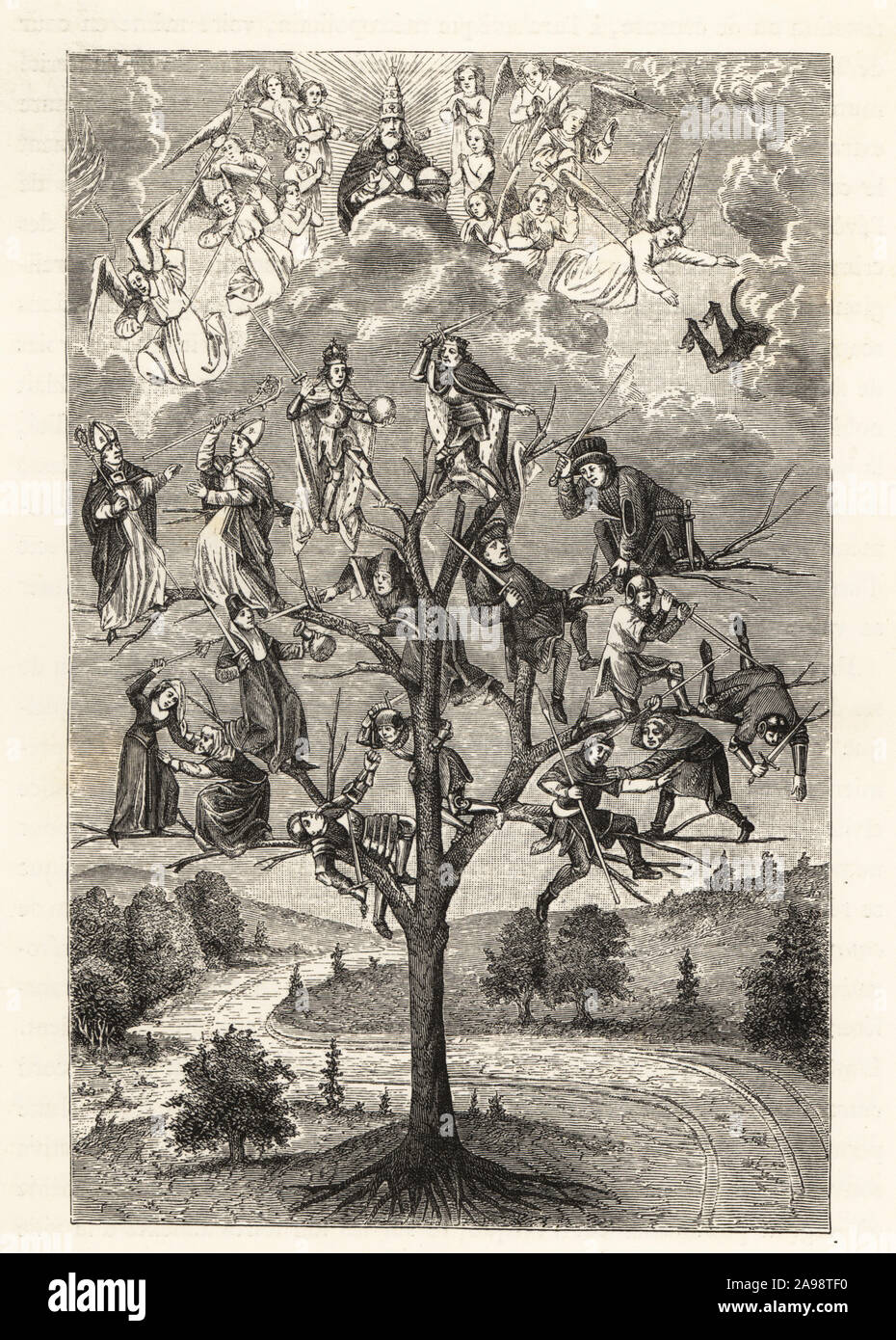 The tree of battles. Allegorical figure representing the discord among the various classes in feudal society. From the 15th century manuscript by Honore Bouet, L’arbre des batailles. Woodcut by Etienne Huyot and Jules Huyot after Honore Bouet from Paul Lacroix’s La Vie Militaire et Religieuse au Moyen Age et a l’Epoque de la Renaissance, Military and Religious Life in the Middle Ages and the Renaissance, Paris, 1873. Stock Photo