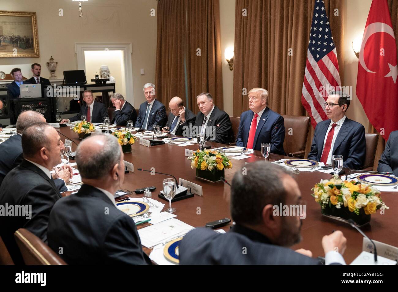 Washington, United States of America. 13 November, 2019. U.S President Donald Trump and Turkish President Recep Tayyip Erdogan hold and expanded bilateral meeting in the Cabinet Room of the White House November 13, 2019 in Washington, DC.  Credit: Shealah Craighead/White House Photo/Alamy Live News Stock Photo