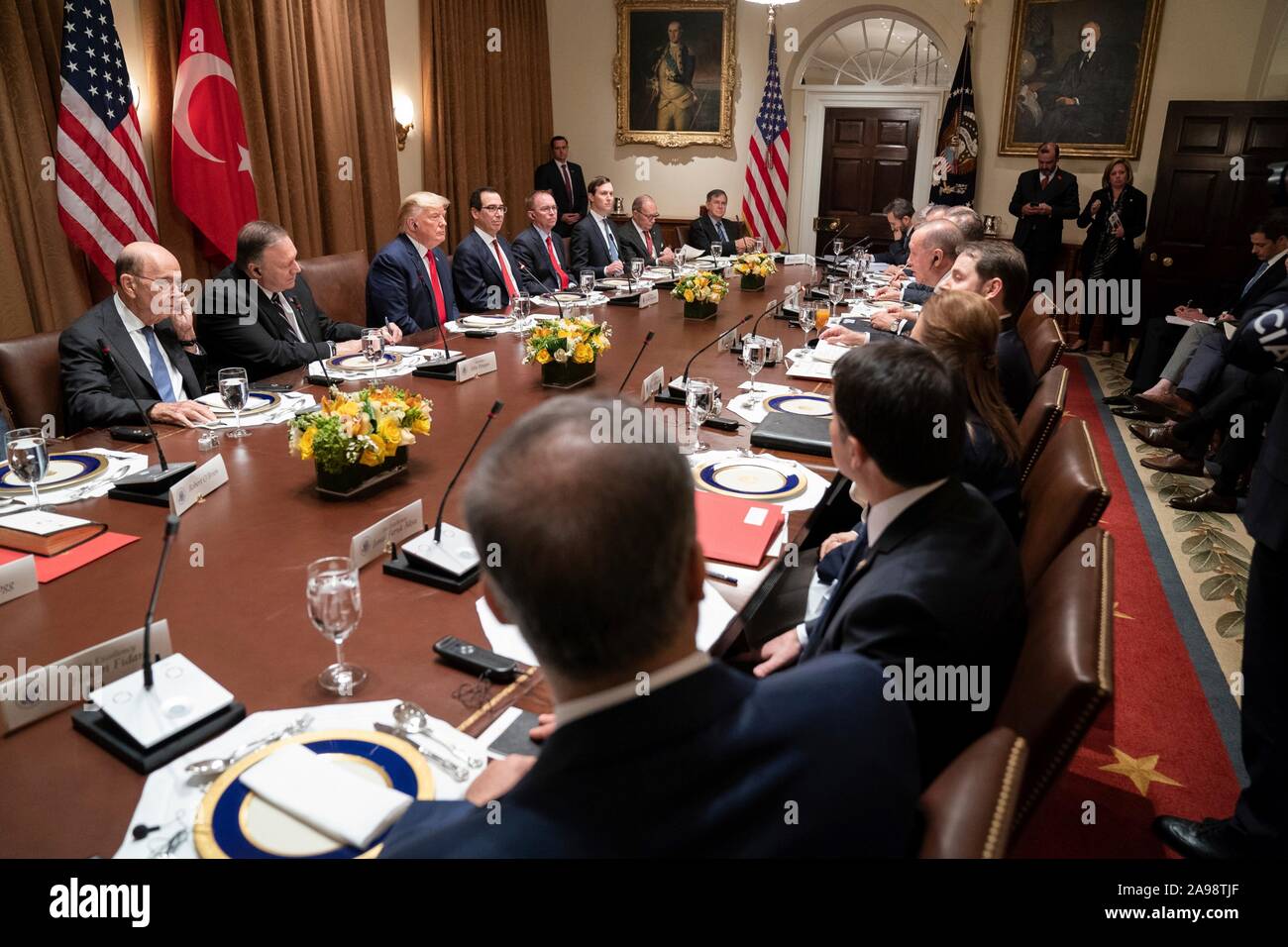 Washington, United States of America. 13 November, 2019. U.S President Donald Trump and Turkish President Recep Tayyip Erdogan hold and expanded bilateral meeting in the Cabinet Room of the White House November 13, 2019 in Washington, DC.  Credit: Shealah Craighead/White House Photo/Alamy Live News Stock Photo