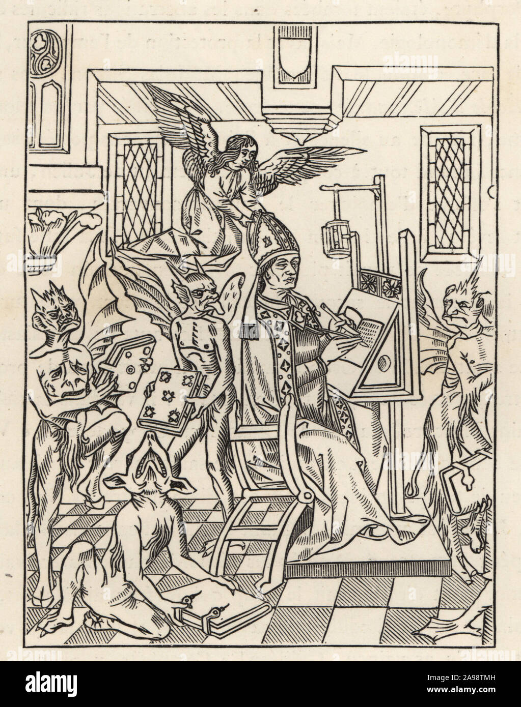 Allegorical illustration of Bonifacio Simonetta aided by an angel surrounded by the dogs and demons of heresy. Orthodoxy surrounded by the pitfalls of Heresy. Woodcut from Livre des persecutions des crestiens. L’Orthodoxie entouree des embuches de l’Heresie. Woodcut from Paul Lacroix’s La Vie Militaire et Religieuse au Moyen Age et a l’Epoque de la Renaissance, Military and Religious Life in the Middle Ages and the Renaissance, Paris, 1873. Stock Photo