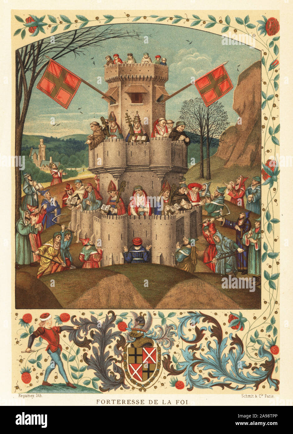 The Fortress of Faith, besieged by heretics, and defended by the knights of faith, the pope, bishops, monks and church doctors. The arms of Louis de Bruges in the border. From a 15th century miniature. Forteresse de la Foi. Chromolithograph by Felix Elie Regamey from Paul Lacroix’s La Vie Militaire et Religieuse au Moyen Age et a l’Epoque de la Renaissance, Military and Religious Life in the Middle Ages and the Renaissance, Paris, 1873. Stock Photo