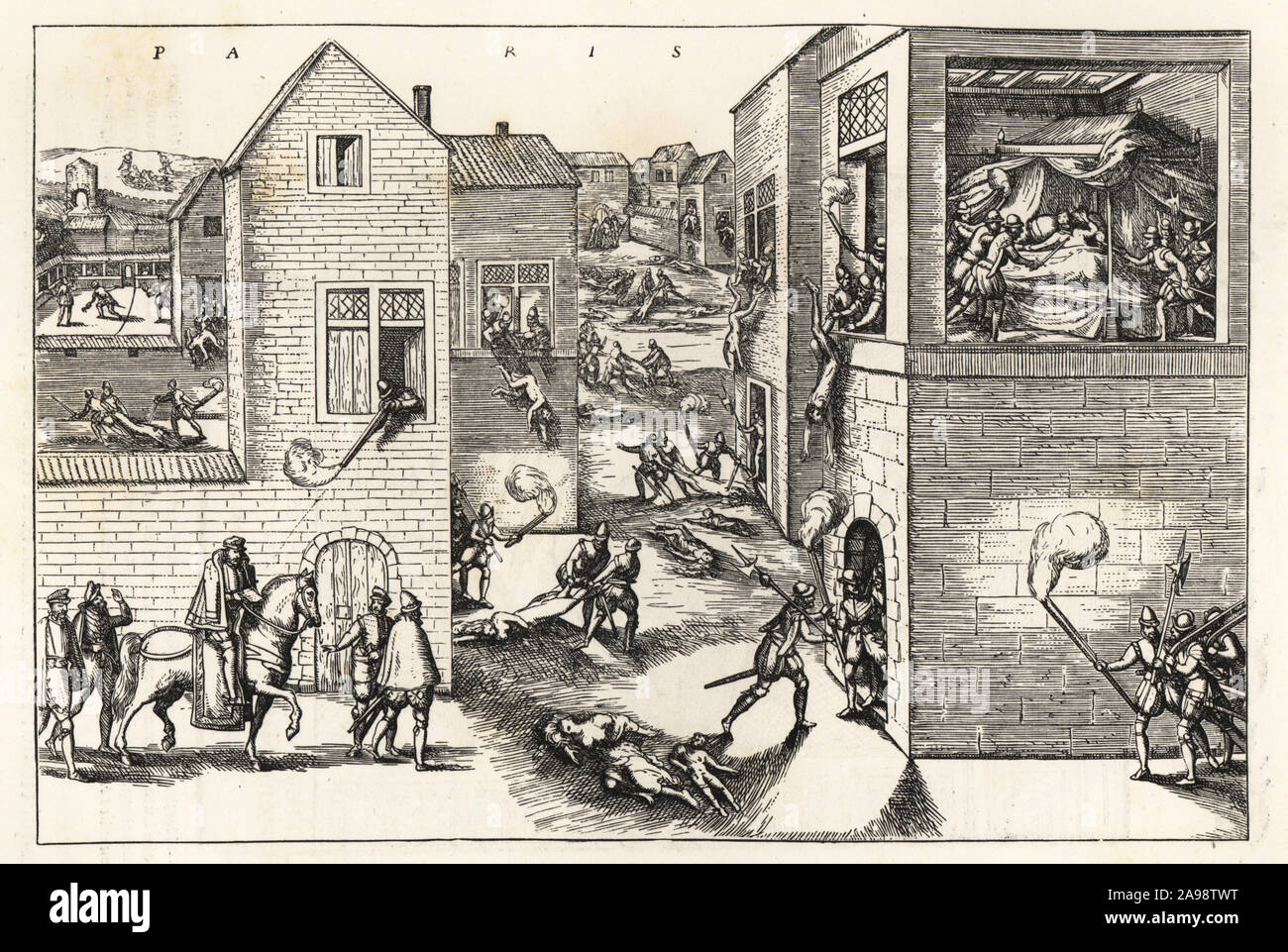 The Saint Bartholomew’s Day Massacre of the Huguenots in Paris, 24 August 1572. Admiral Coligny wounded by a musketeer at left, and finally stabbed in his hotel bed on rue Bethisy by Besme and defenestrated at right. Women and children slaughtered in the streets. From a German print by Frans Hogenberg. Massacre de la Saint Barthelemy, a Paris. woodcut, engraving, Etienne Huyot, Jules Huyot, Paul Lacroix, La Vie Militaire et Religieuse au Moyen Age et a l’Epoque de la Renaissance, Military,  Religious, Life, Middle Ages, Renaissance, costume, custom, Christianity, society, religion, Stock Photo