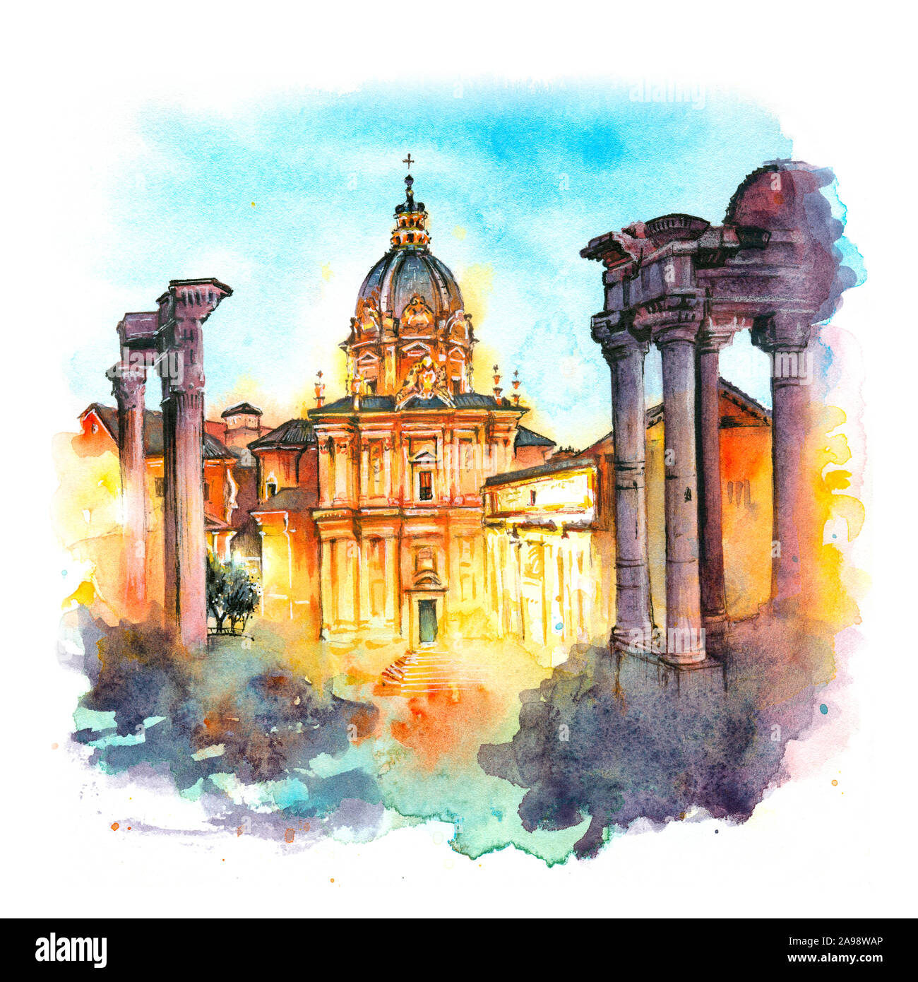 Watercolor sketch of ancient ruins of a Roman Forum or Foro Romano at sunsrise in Rome, Italy. View from Capitoline Hill Stock Photo