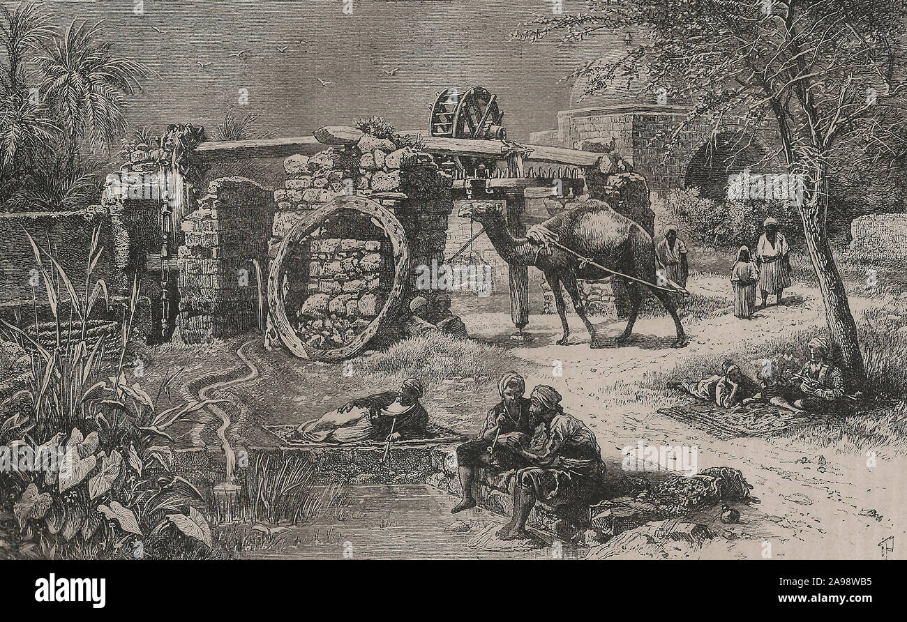 Persian Water Wheel in Palestine, circa 1880 Stock Photo