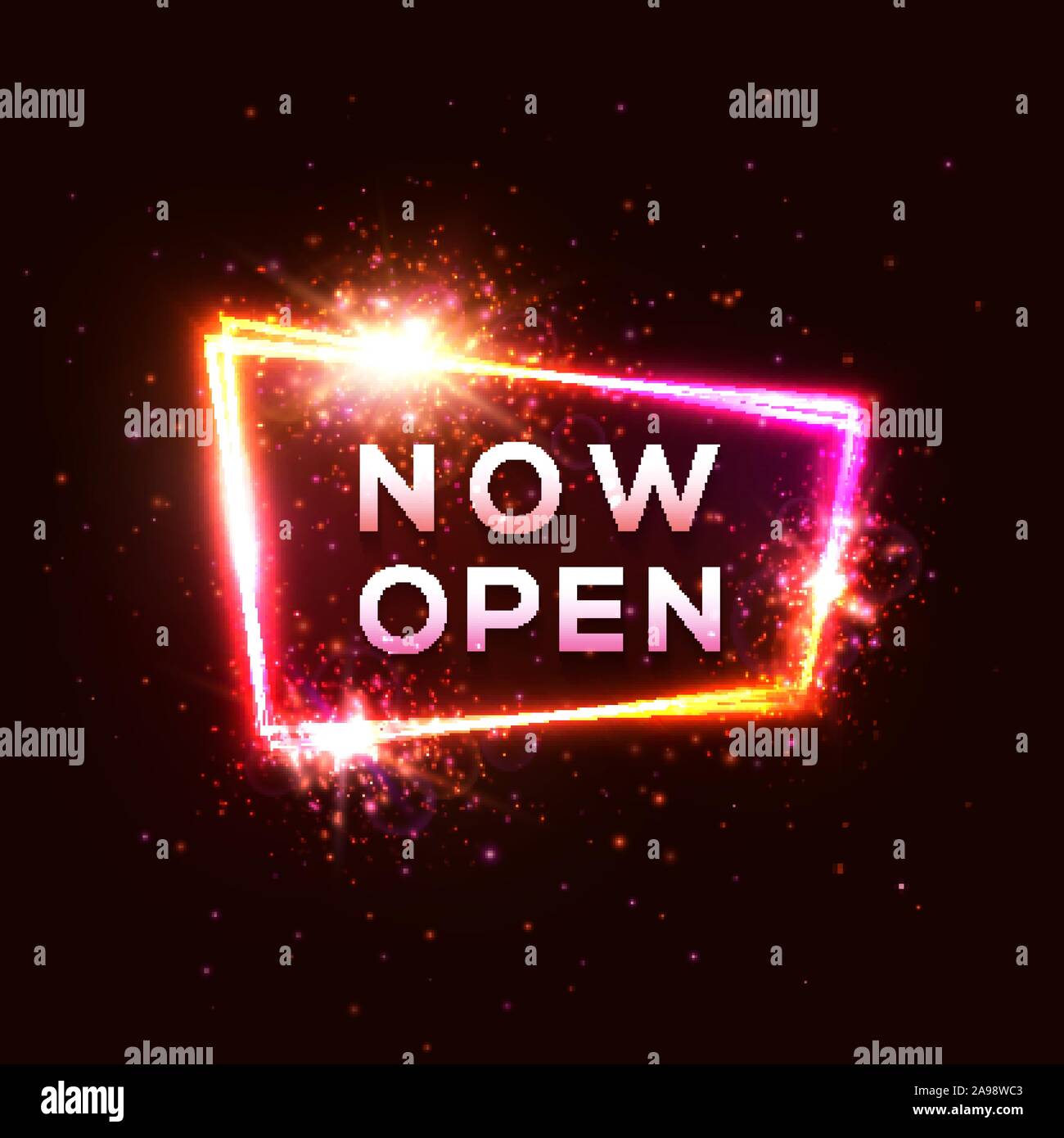 Now Open neon sign on dark red background. Shining rectangle electric