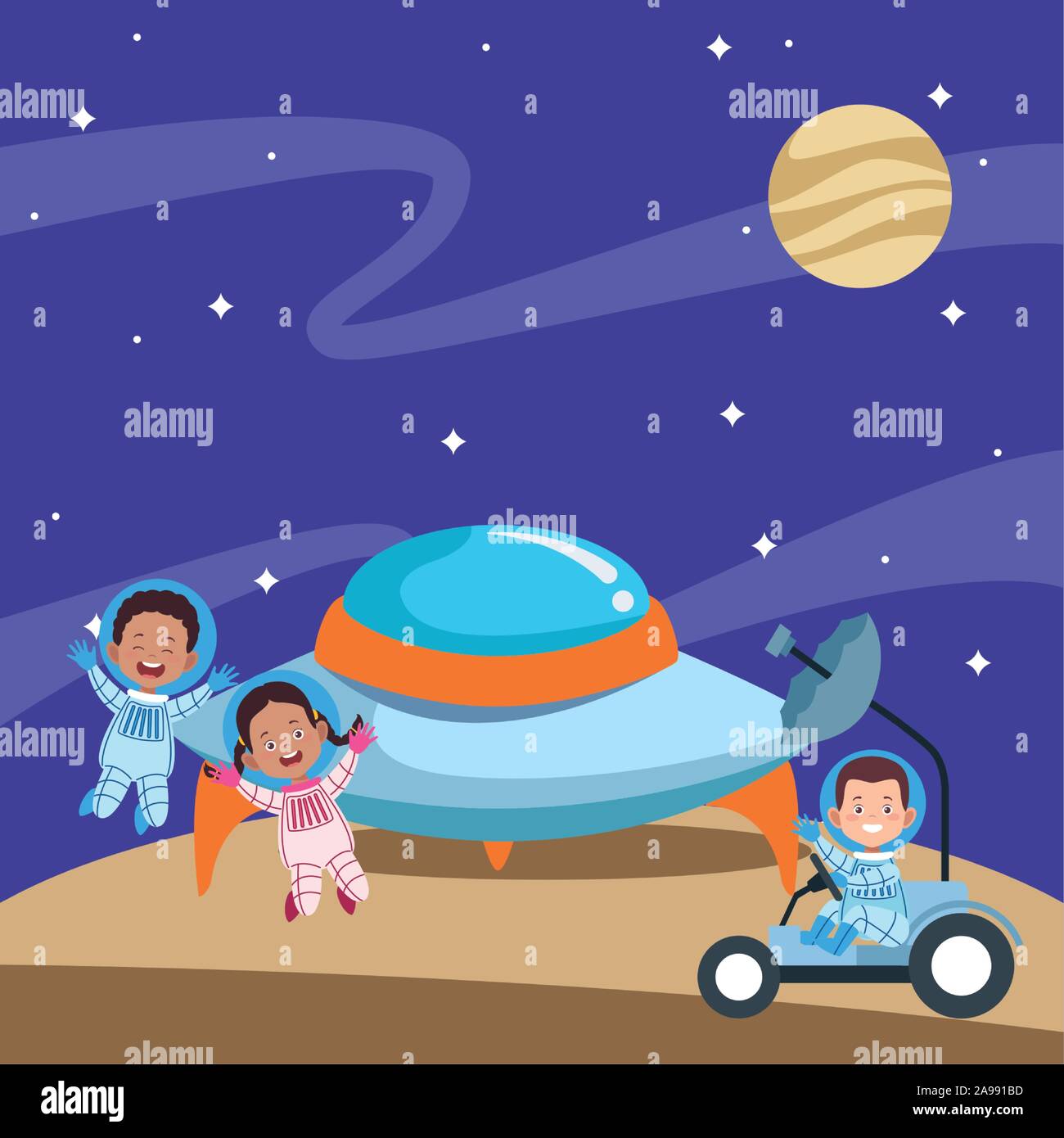 cartoon happy astronauts kids in the space Stock Vector