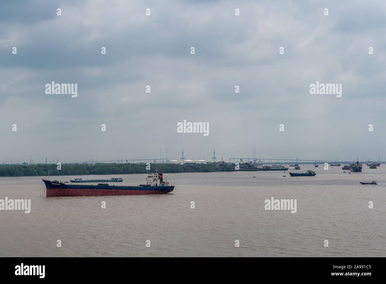 Ho Chi Minh City, Vietnam - March 12, 2019: Long Tau river. Wide shot with Binh Nguyen 89 cargo ship anchored in brown water. Phuoc Khanh bridge under Stock Photo