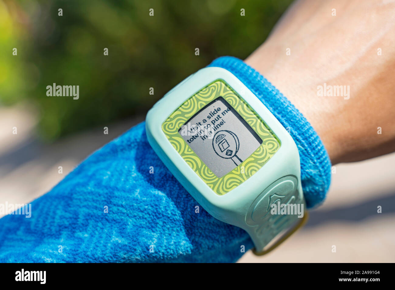 Volcano Bay TapuTapu Wearable, Wristband, Tap to access Virtual Line for rides and slides, Universal Orlando Resort, Florida, USA Stock Photo