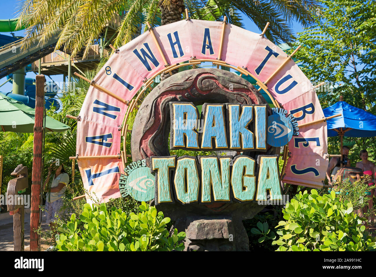 Volcano Bay Taniwha Tubes, Raki Tonga Sign, to Water Slides, Slide, Universal Orlando Resort, Florida, USA Stock Photo