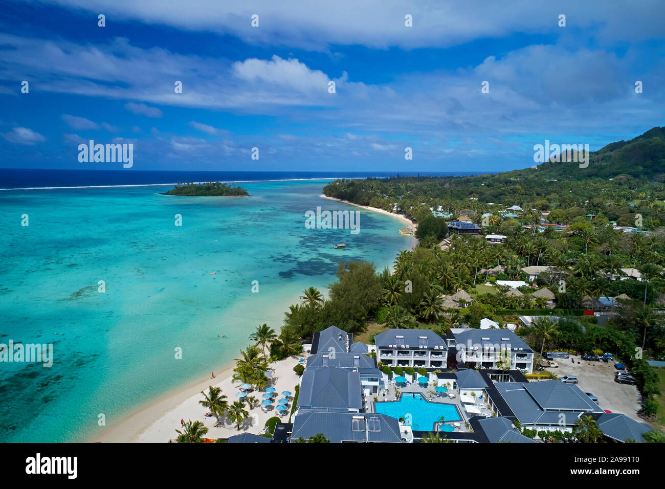 Muri Beach Club Hotel Rarotonga, and Muri Lagoon, Rarotonga, Cook Islands, South Pacific - drone aerial Stock Photo