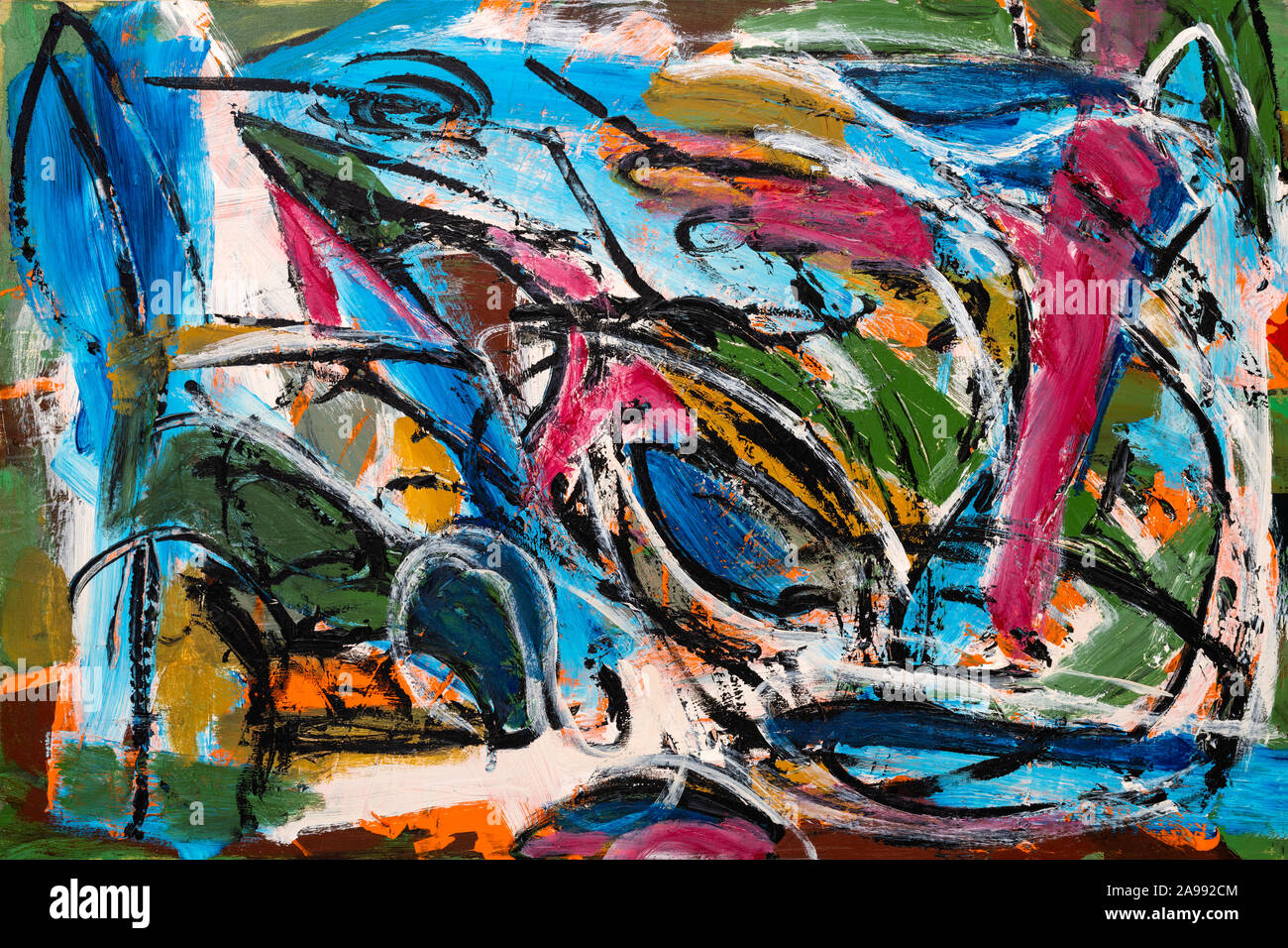 Abstract painting with vibrant colors, strong shapes and brushstrokes textures. Stock Photo