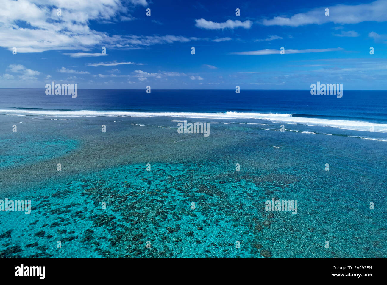 Reef by Aroa Beach, Rarotonga, Cook Islands, South Pacific - drone aerial Stock Photo