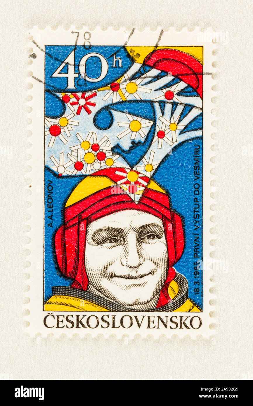 SEATTLE WASHINGTON - October 4, 2019: Czechoslovakia postage stamp of 1977 featuring cosmonaut Alexei Leonov. Scott #2141, Stock Photo