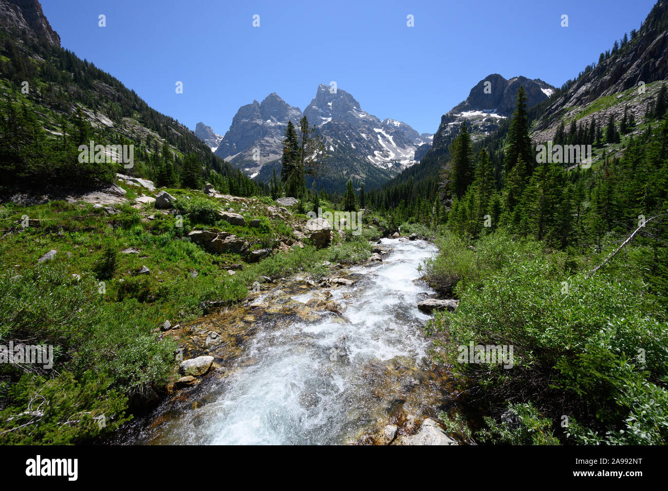 Rushing River Through Tetons Wilderness in middle of summer Stock Photo