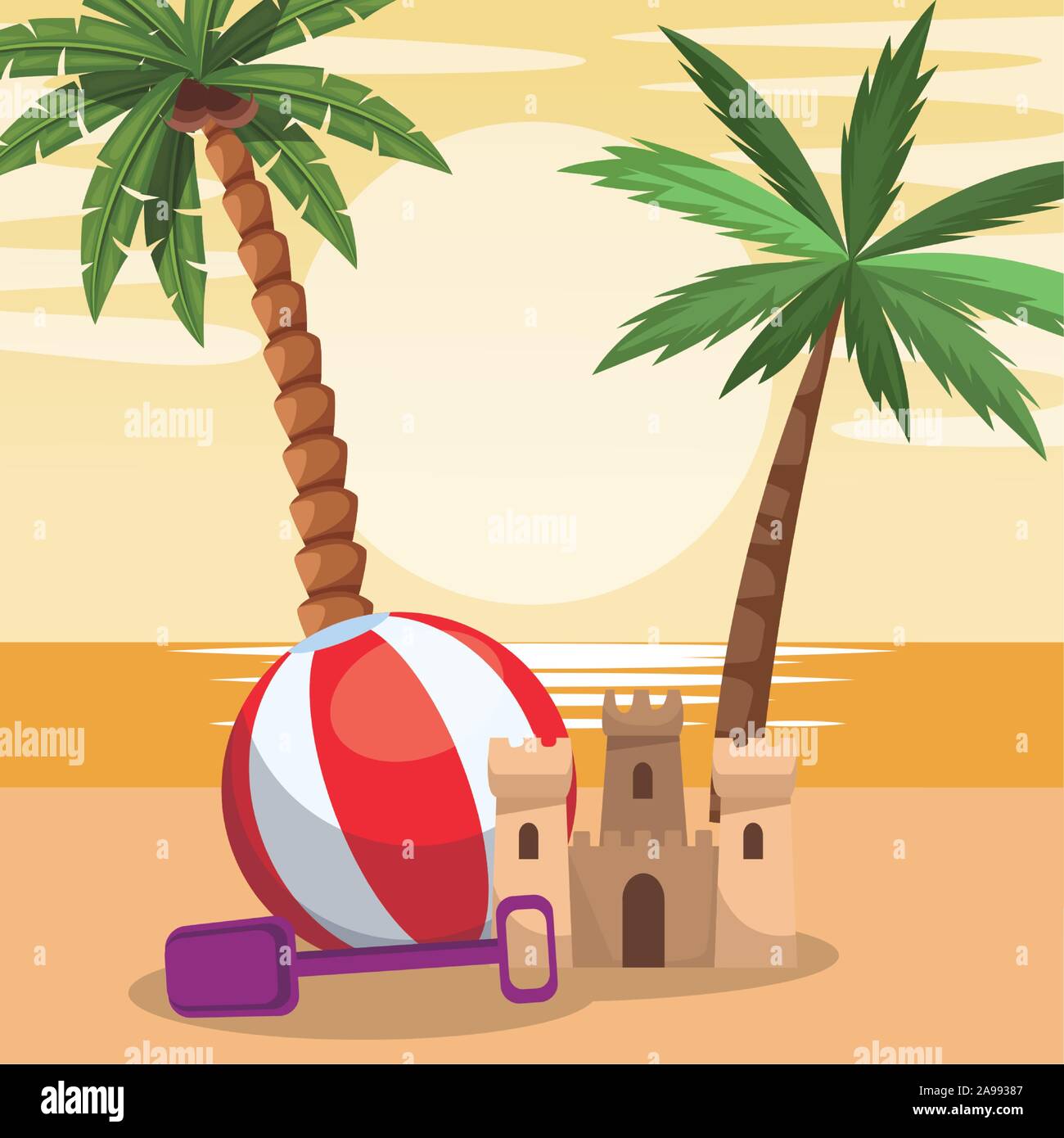 beach design with sandcastle and ball, colorful design Stock Vector ...