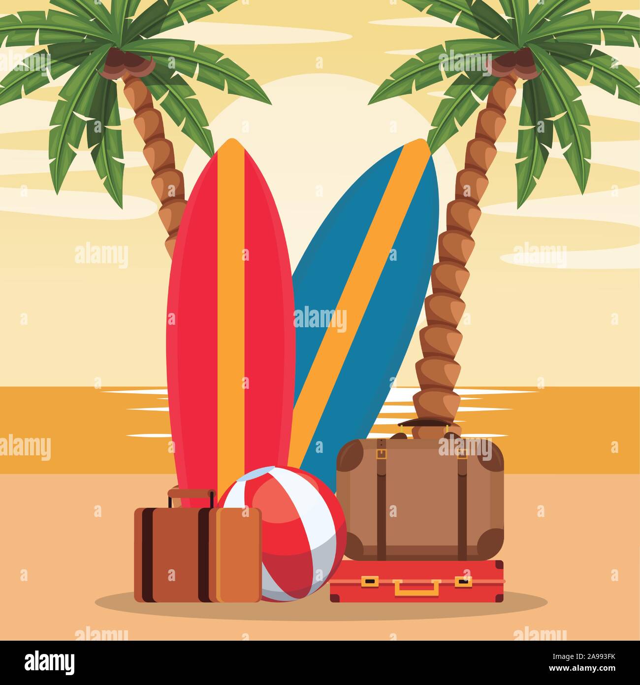 Beach colorful design with surfboards and suitcases Stock Vector Image ...