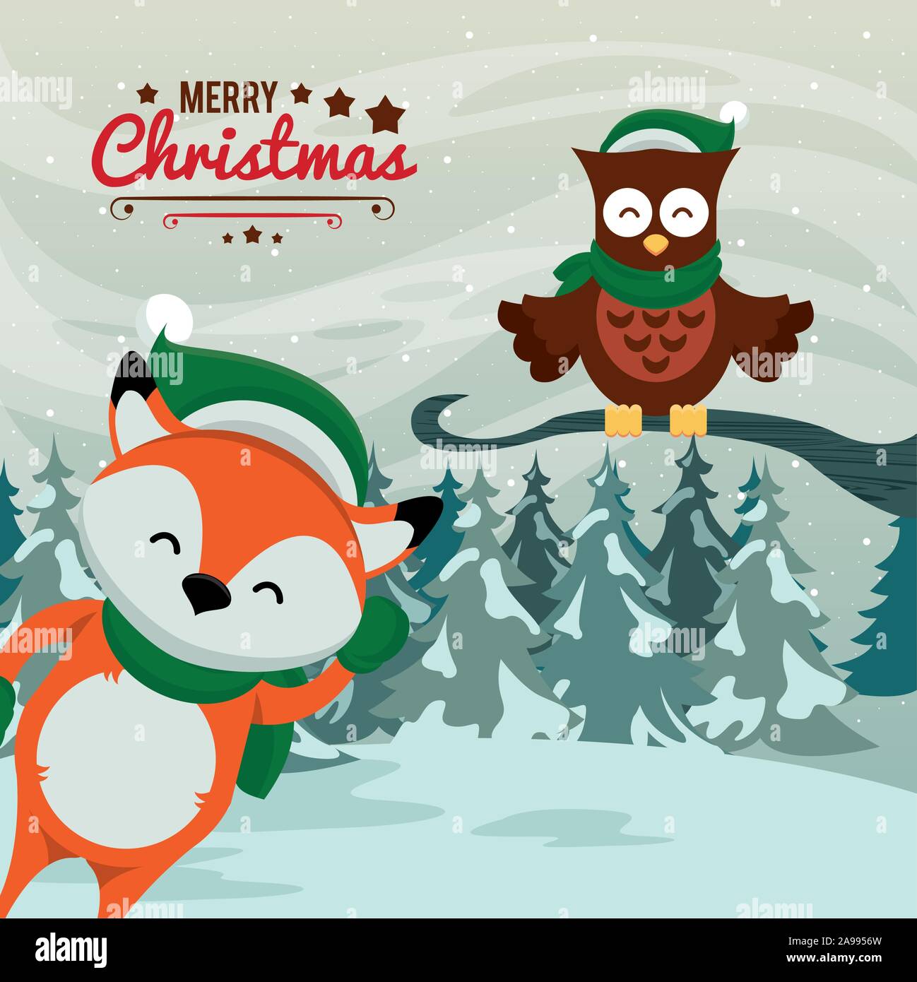happy merry christmas card with fox and owl Stock Vector Image & Art ...