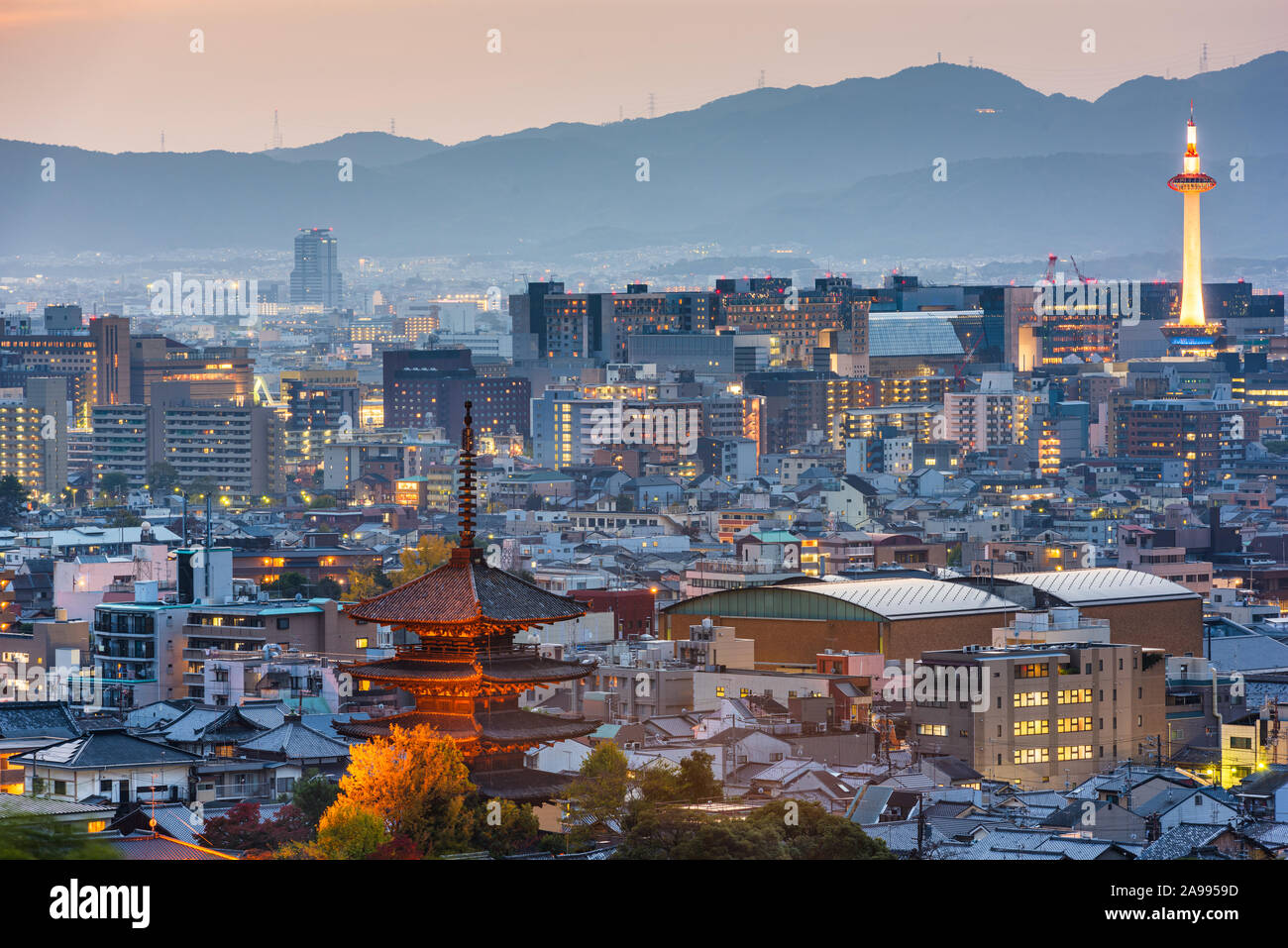 Kyoto, Japan Cityscape at dusk in the autumn season. Stock Photo