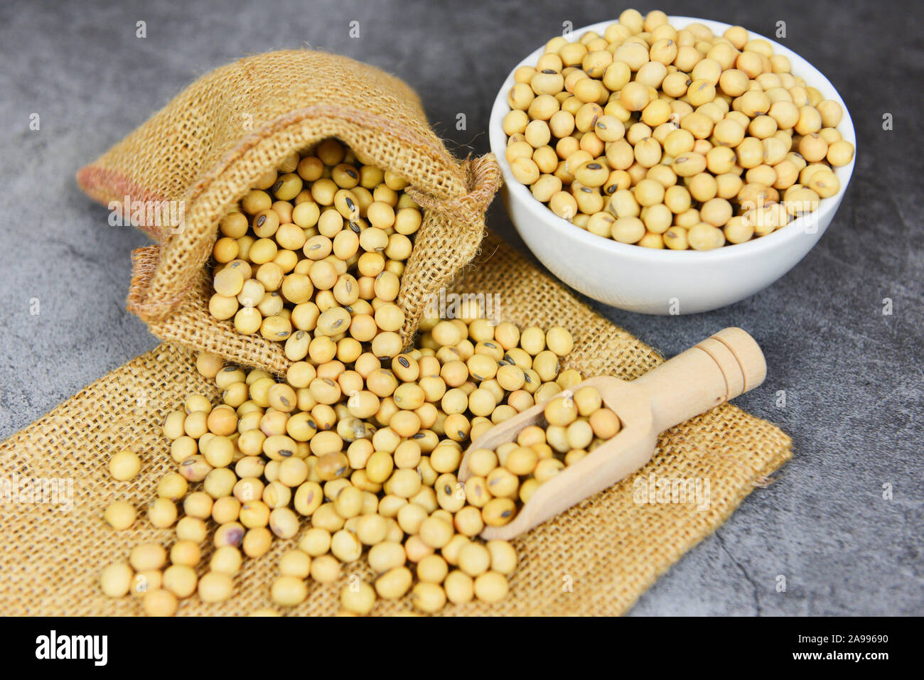 Soybean agricultural products on the sack / dry soy beans Stock Photo