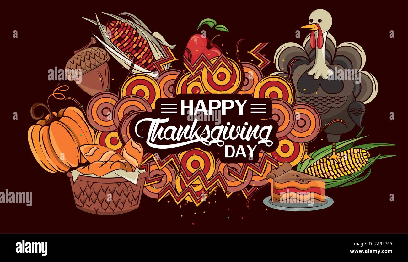 happy thanksgiving day card with turkey and vegetables Stock Vector ...