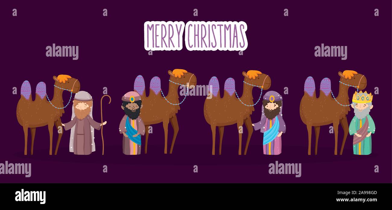 joseph three wise with camels manger nativity, merry christmas vector ...