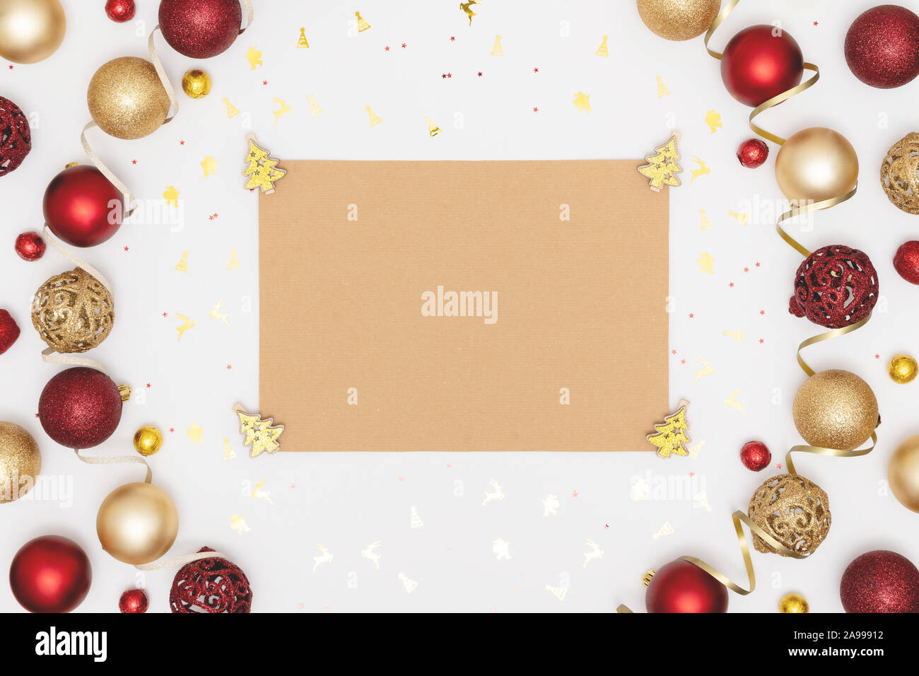 New Year And Christmas Decorations And Blank Craft Sheet Of Paper Wish List Or Goals Concept Top View Flat Lay Copy Space Stock Photo Alamy