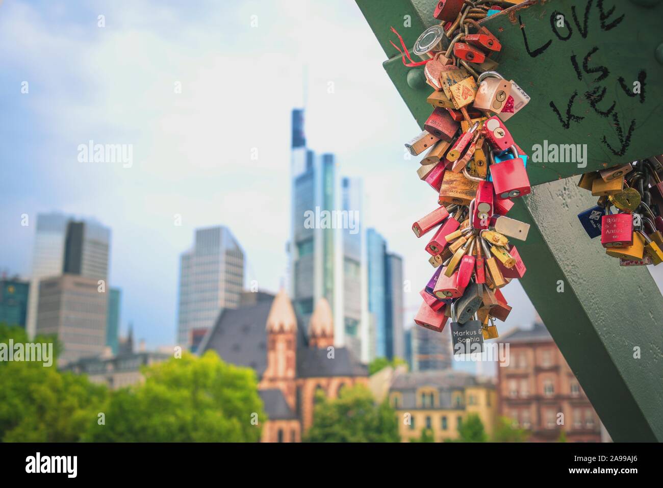 Love padlocks locked on the rail of Iron Bridge in Frankfurt Um Main ...