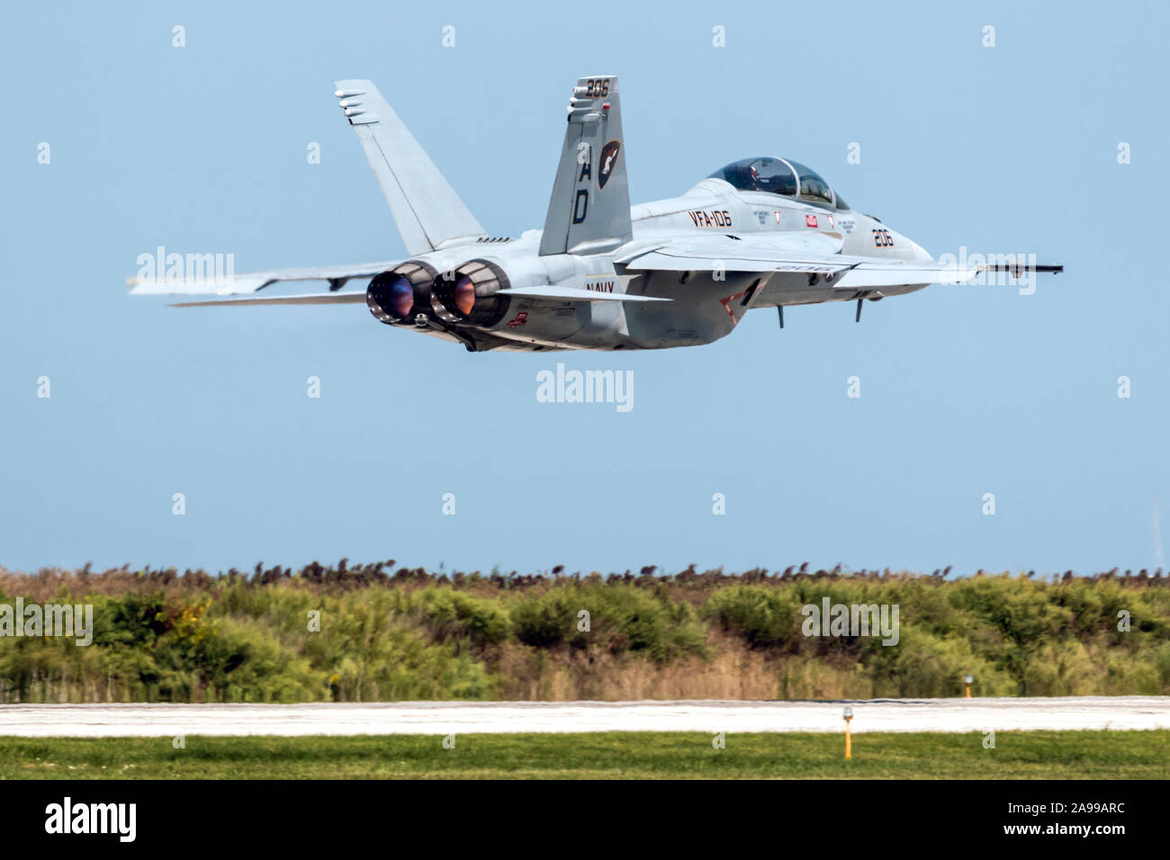CLEVELAND, OHIO / USA - September 4, 2015: An F/A-18 Super Hornet performs a demo at the 2015 Cleveland International Airshow. Stock Photo