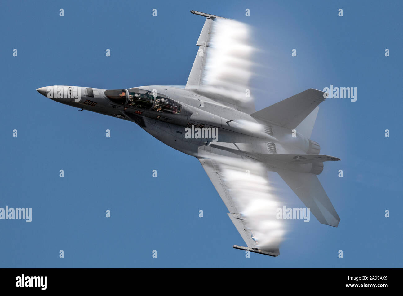 An F/A-18 Super Hornet performs a demo at the 2015 Cleveland International Airshow. Stock Photo
