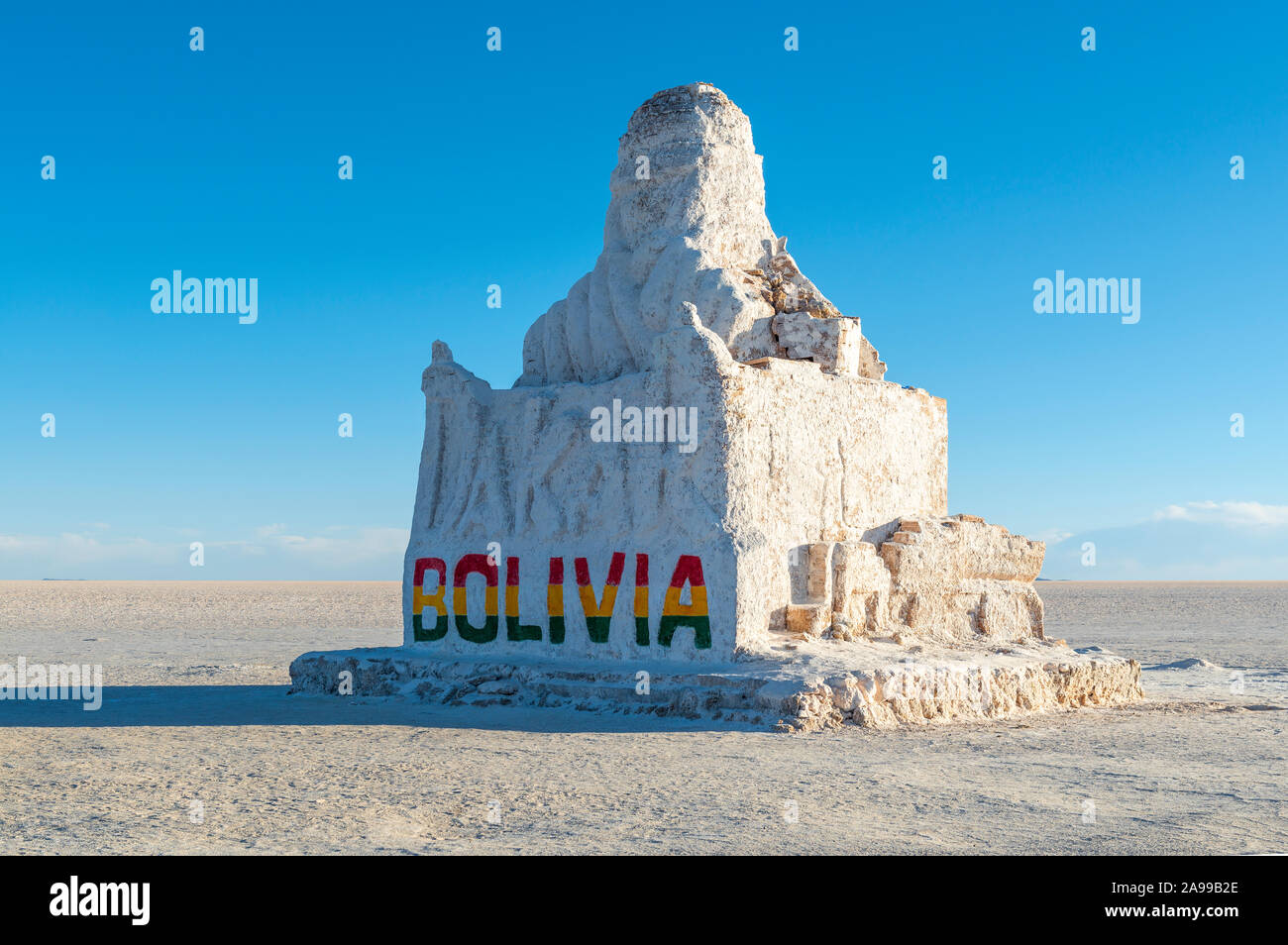 The Bolivia Dakar Rally monument in the Salar de Uyuni (Uyuni salt flat) at sunset, Bolivia. Stock Photo