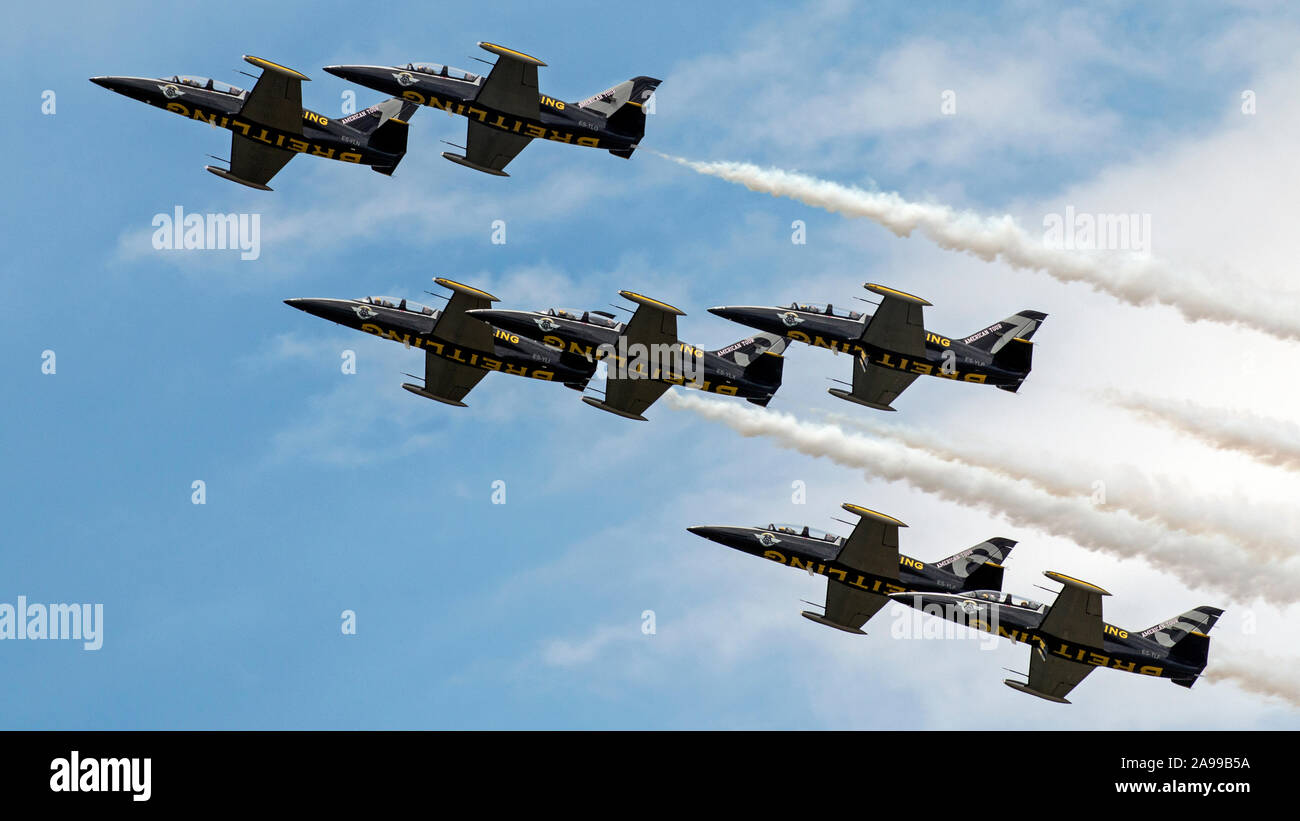 DAYTON, OHIO / USA - June 20, 2015: The French Breitling Jet Team performs at the 2015 Dayton Airshow, flying the  Czech Aero L-39 Albatros. Stock Photo