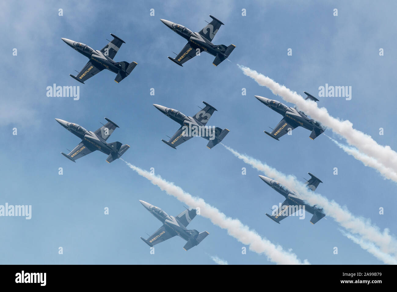 DAYTON, OHIO / USA - June 20, 2015: The French Breitling Jet Team performs at the 2015 Dayton Airshow, flying the  Czech Aero L-39 Albatros. Stock Photo