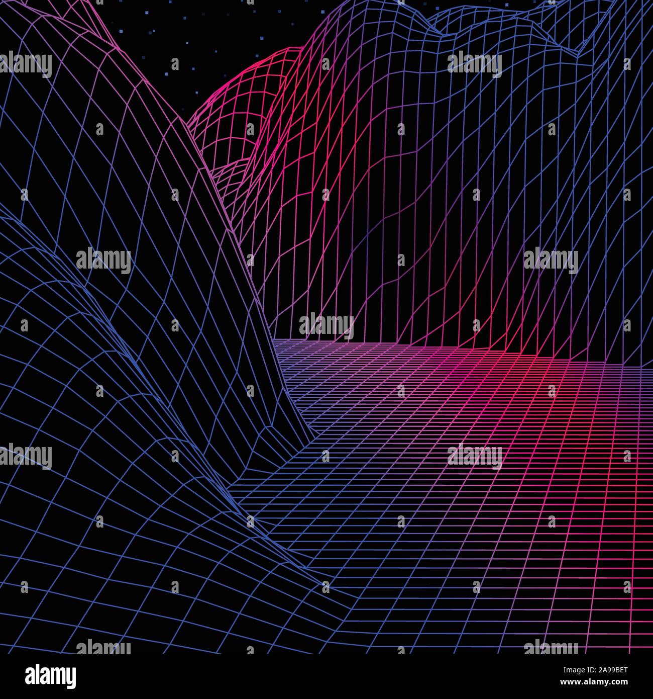 Landscape with wireframe grid of 80s styled retro computer game or ...