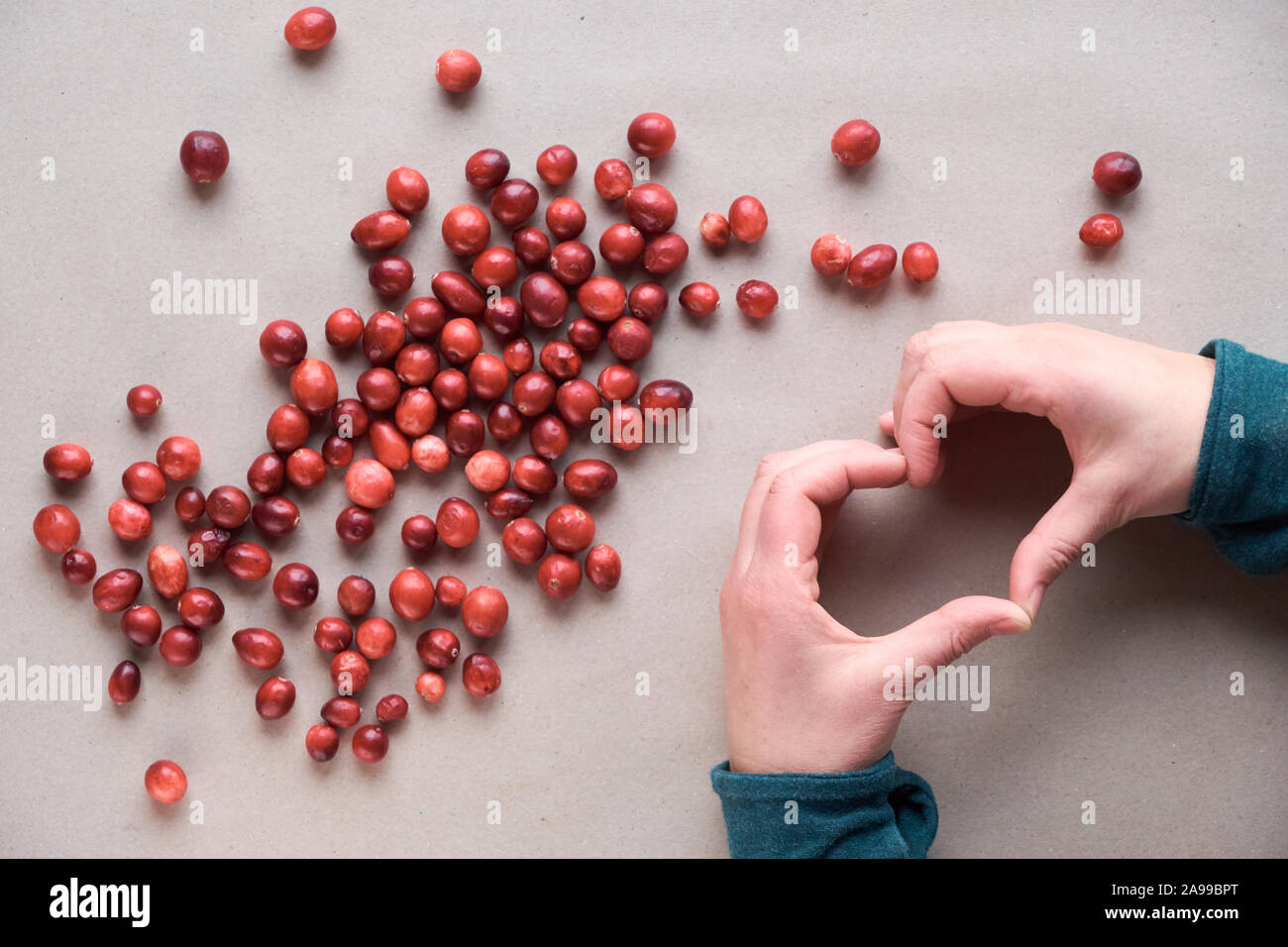 Raw fresh cranberry berry, view from above. Cranberry background, top view, flat lay on craft paper. Cranberries scattered on recycled brown paper, fe Stock Photo