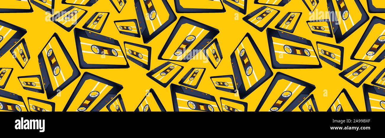 Compact cassette seamless pattern with floating or flying tape in perspective view Stock Vector