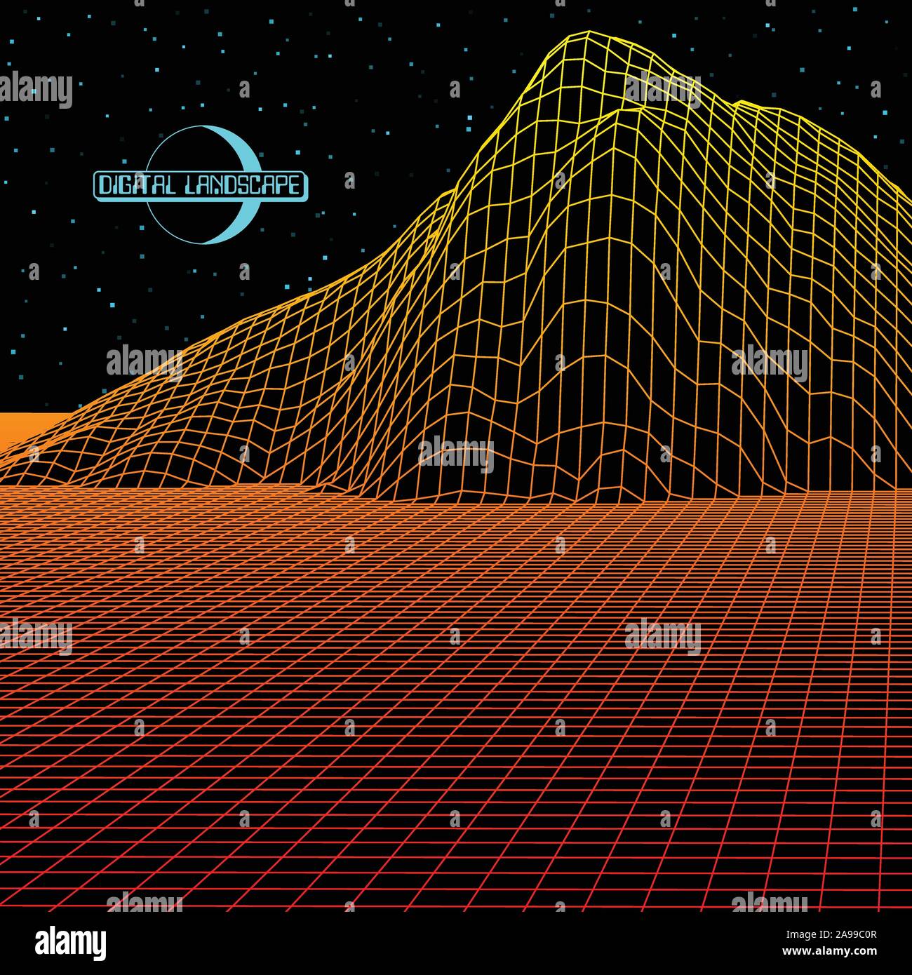 Landscape with wireframe grid of 80s styled retro computer game or ...