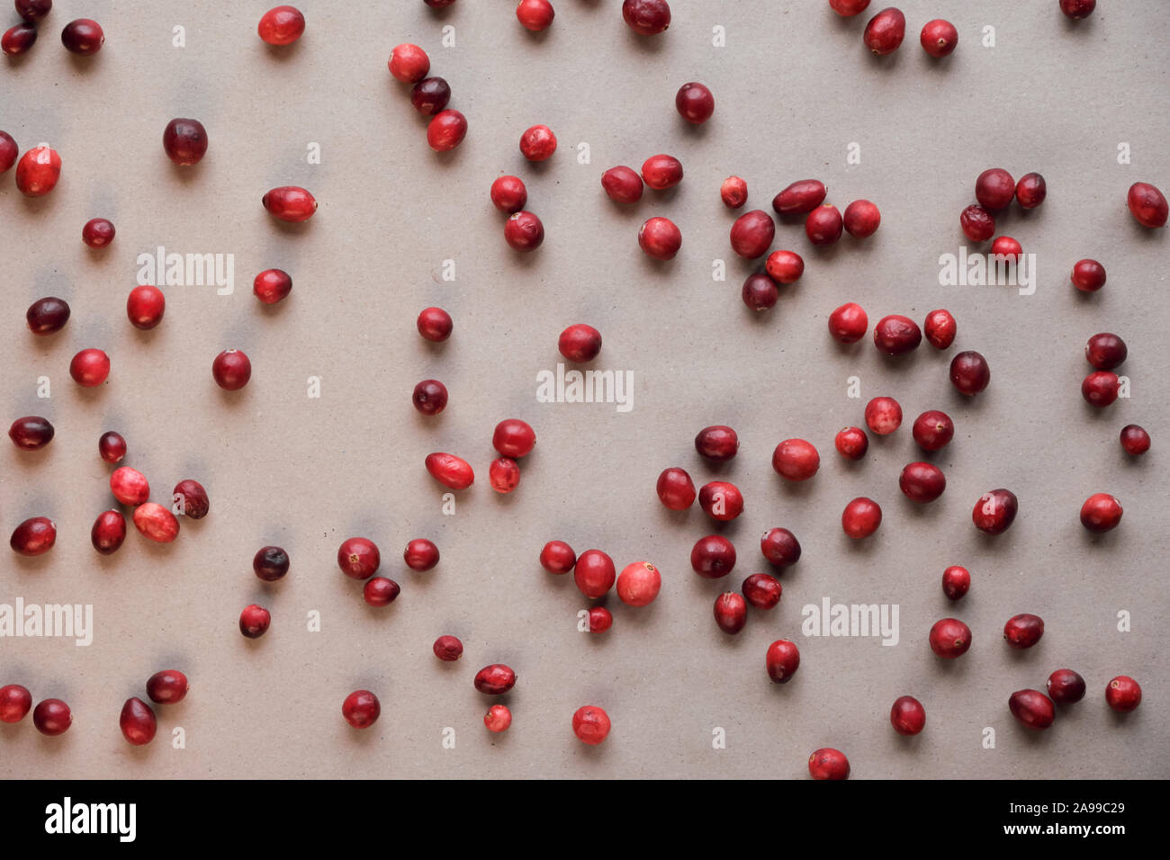 Raw fresh cranberry berry, view from above. Cranberry background, top view, flat lay on craft paper. Cranberries scattered on recycled brown paper. Stock Photo