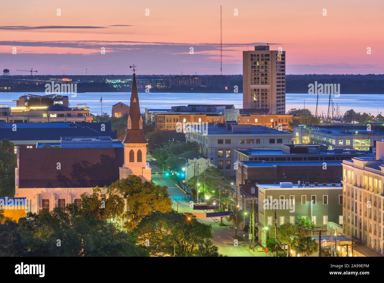 Charleston, South Carolina, USA twilight cityscape view over Calhoun Street Stock Photo Alamy