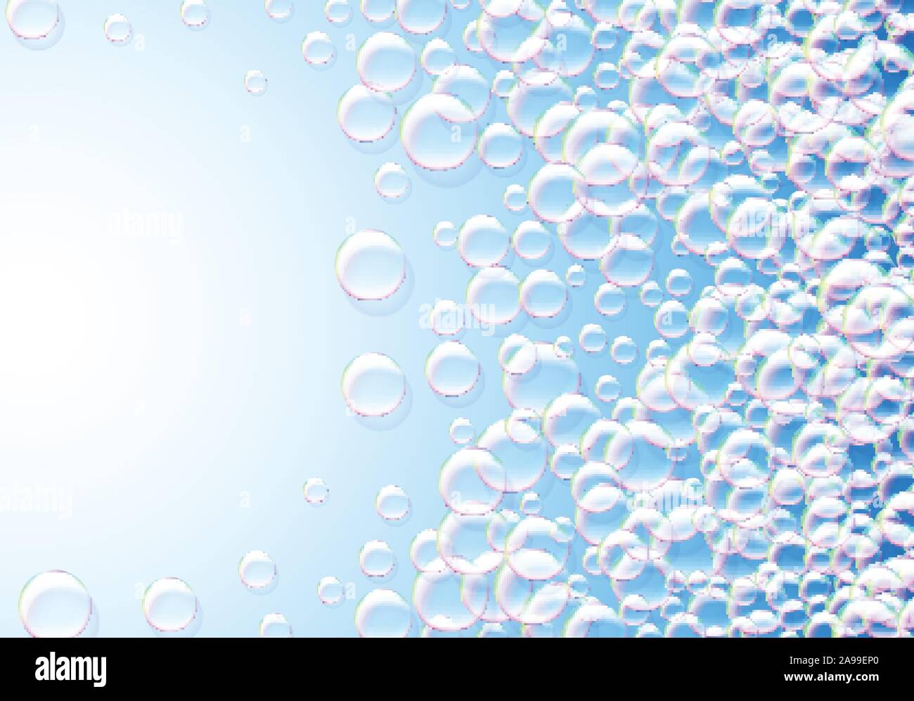 Soap bubbles abstract blue background with rainbow colored airy foam ...