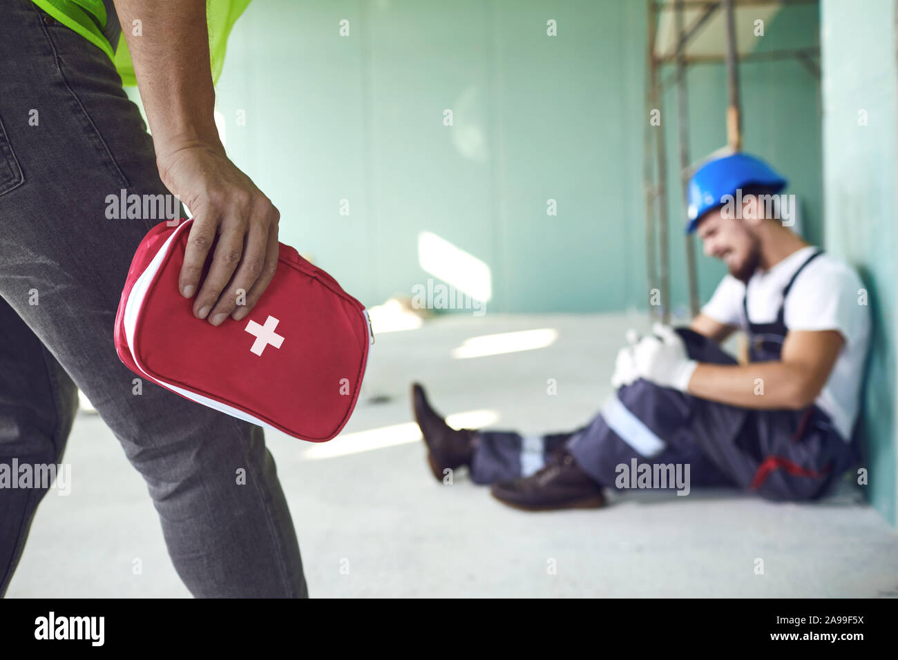 Construction worker accident with a construction worker. Stock Photo